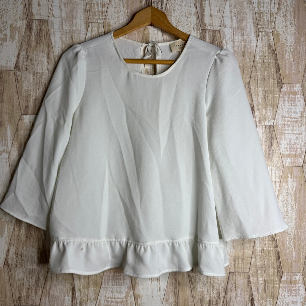 Sezane White Tie Back Ruffle Hem Blouse Top Size 36 3/4 Sleeve Round Neck